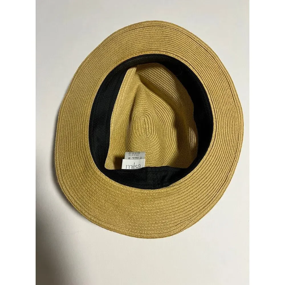 Milsa Straw Fedora Hat Tan Black Ribbon Bow 57.5cm Wide Brim Summer Sun Hat
